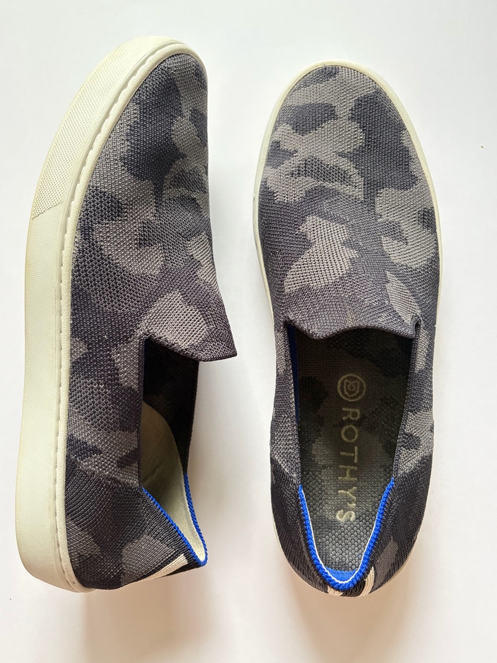 Rothy's The Original Slip On Sneaker in a grey camo knit pattern. Size: 10